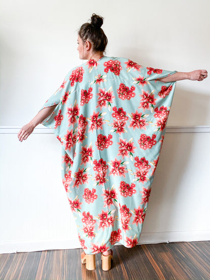 Print High Low Kimono Sage Red Lilies