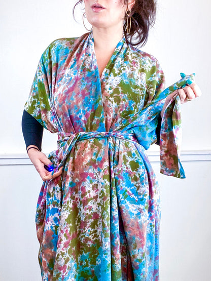 Hand-Dyed High Low Kimono Terracotta Moss Teal Maroon Speckle
