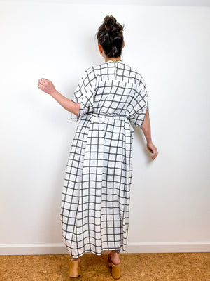 High Low Kimono White Black Windowpane Rayon Challis