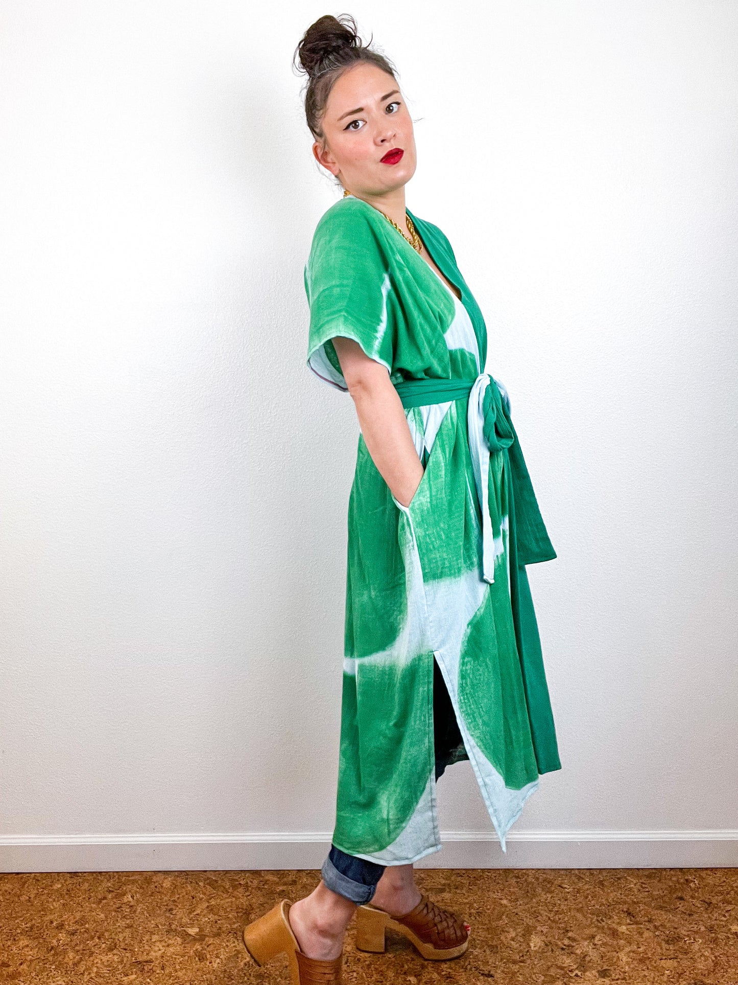 Single Gauze Midi Caftan Dress Green Aqua Brushstrokes