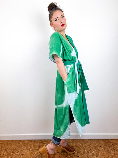 Single Gauze Midi Caftan Dress Green Aqua Brushstrokes