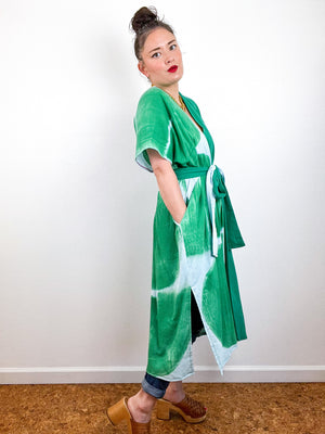 Single Gauze Midi Caftan Dress Green Aqua Brushstrokes