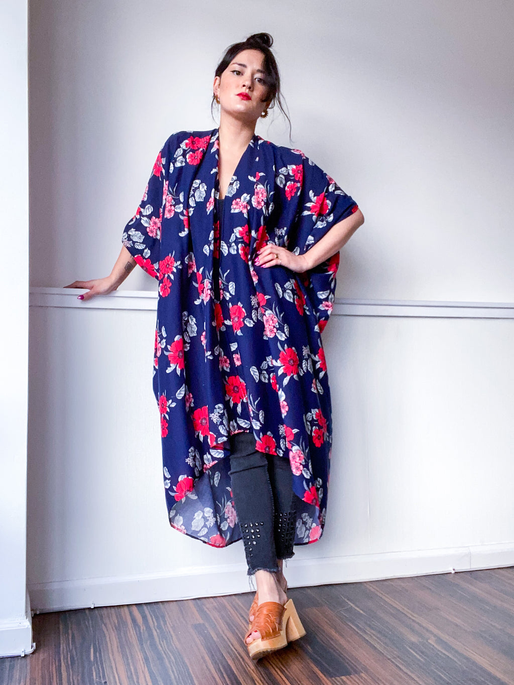 Print High Low Kimono Navy Red Floral