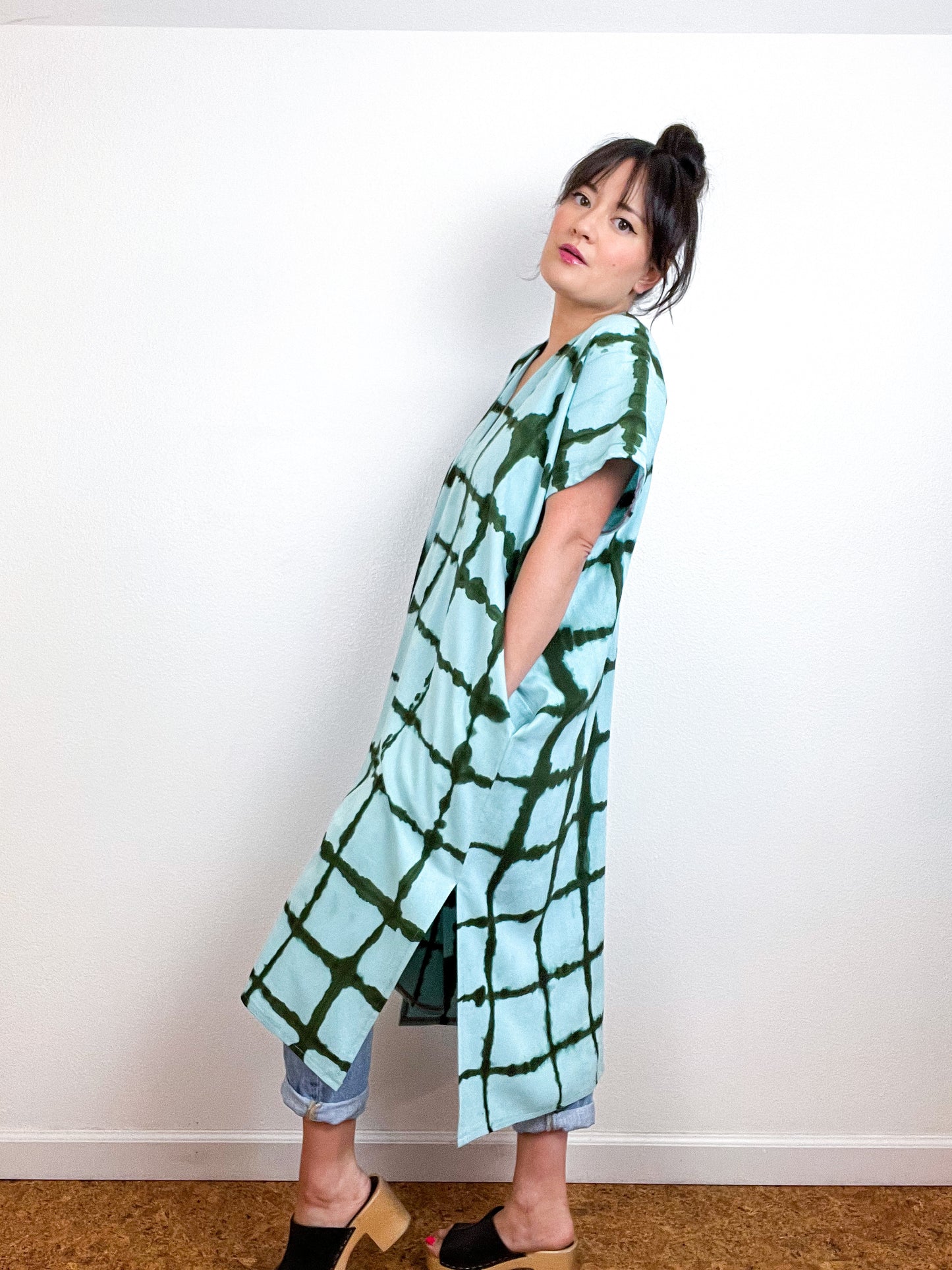 Hand-Dyed Midi Smock Dress Aqua Forest Windowpane