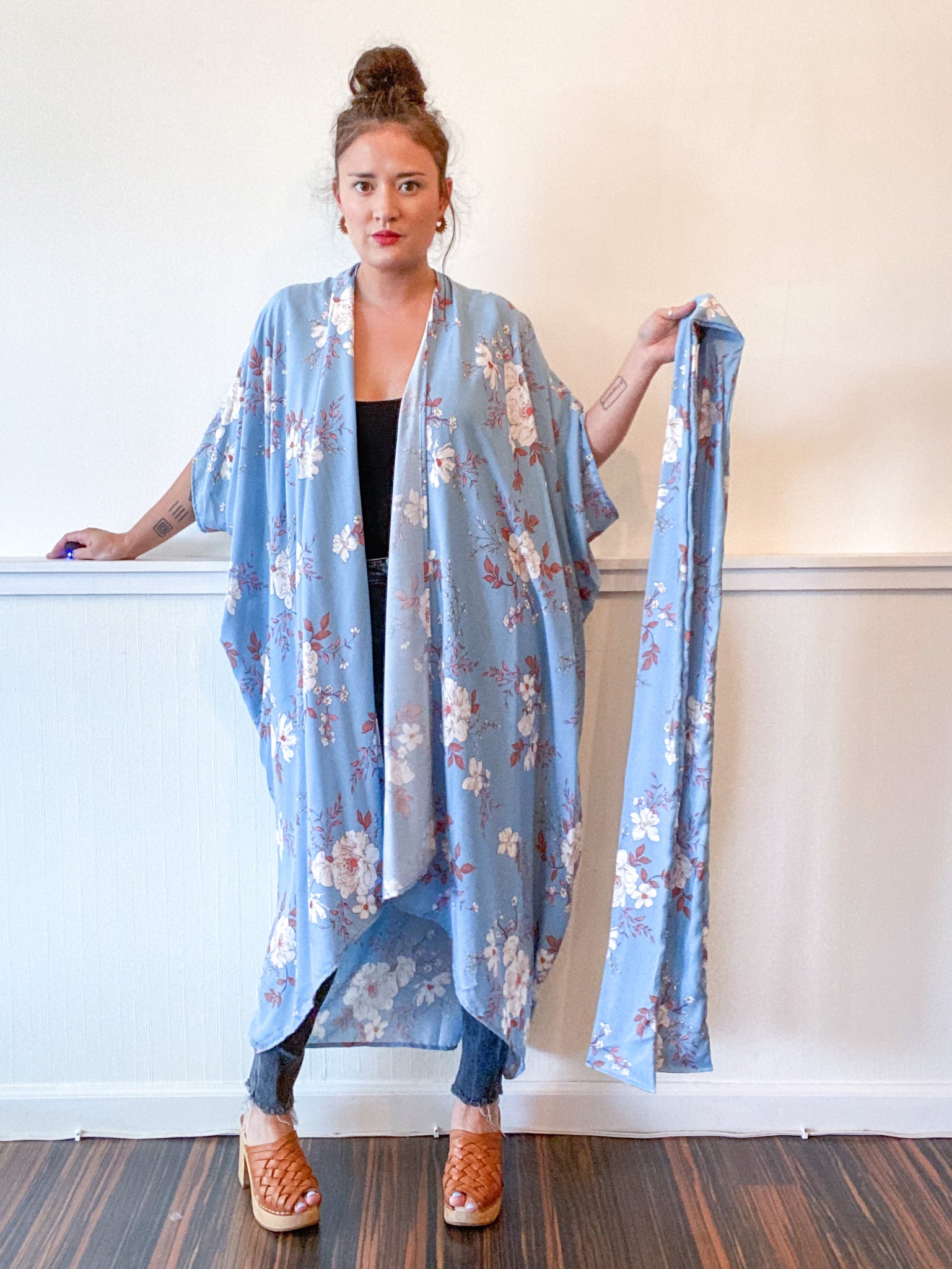 Print High Low Kimono Baby Blue Floral Rayon Challis