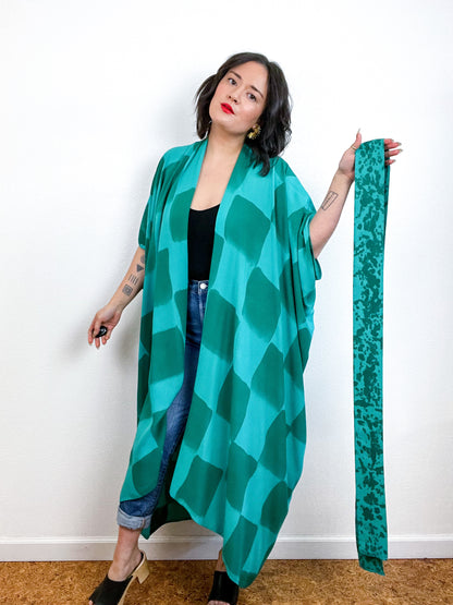 Hand-Dyed High Low Kimono Teal Green Checkerboard