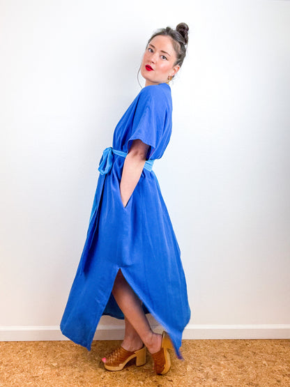 Single Gauze Duster Kimono Royal Turquoise Brushstrokes