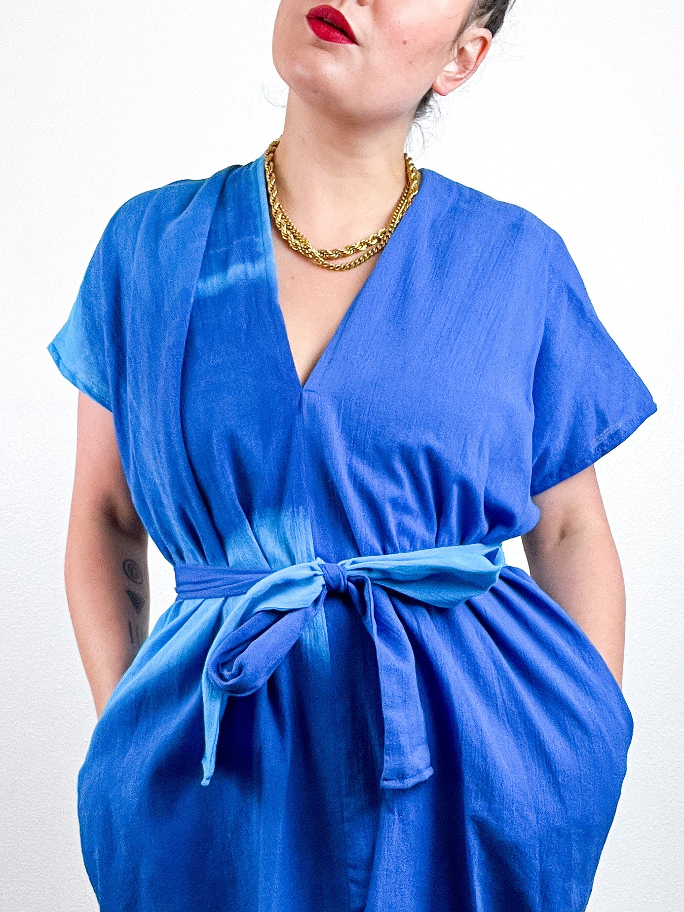 Single Gauze Mini Caftan Dress Turquoise Royal Brushstrokes