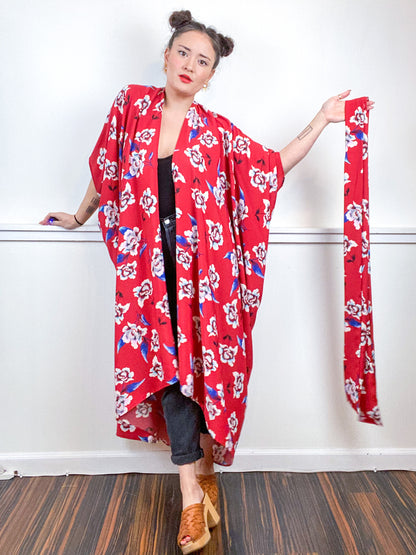 Print High Low Kimono Red Floral Crepe