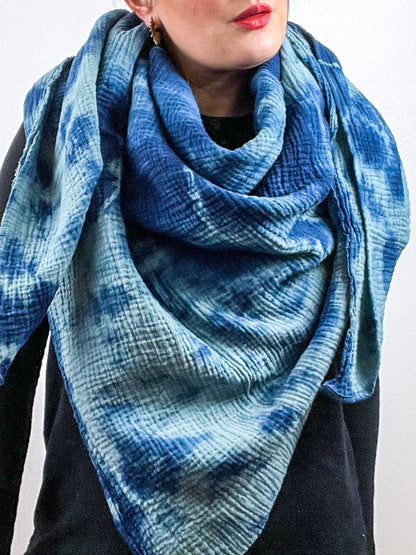 Hand-Dyed Cotton Blanket Scarf Sage Indigo Lines