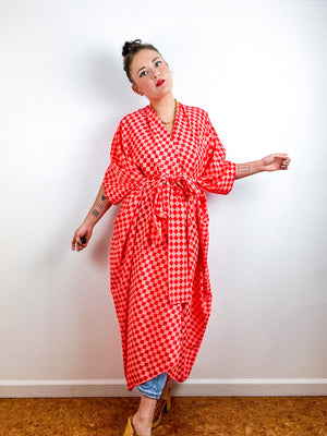 Print High Low Kimono Neon Checker Crepe de Chine