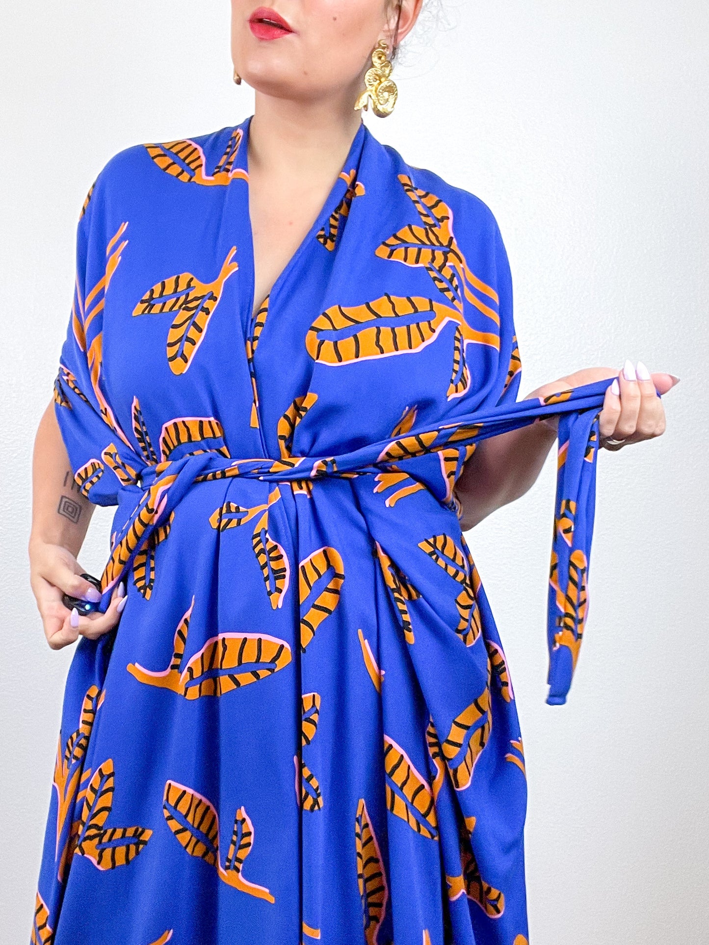 Print High Low Kimono Cobalt Amber Leaves Challis
