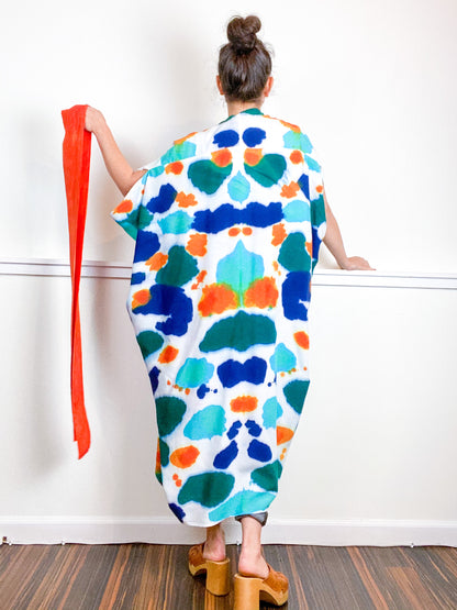 OOAK Hand-Dyed High Low Kimono Indigo Tangerine Emerald Parakeet Inkblot