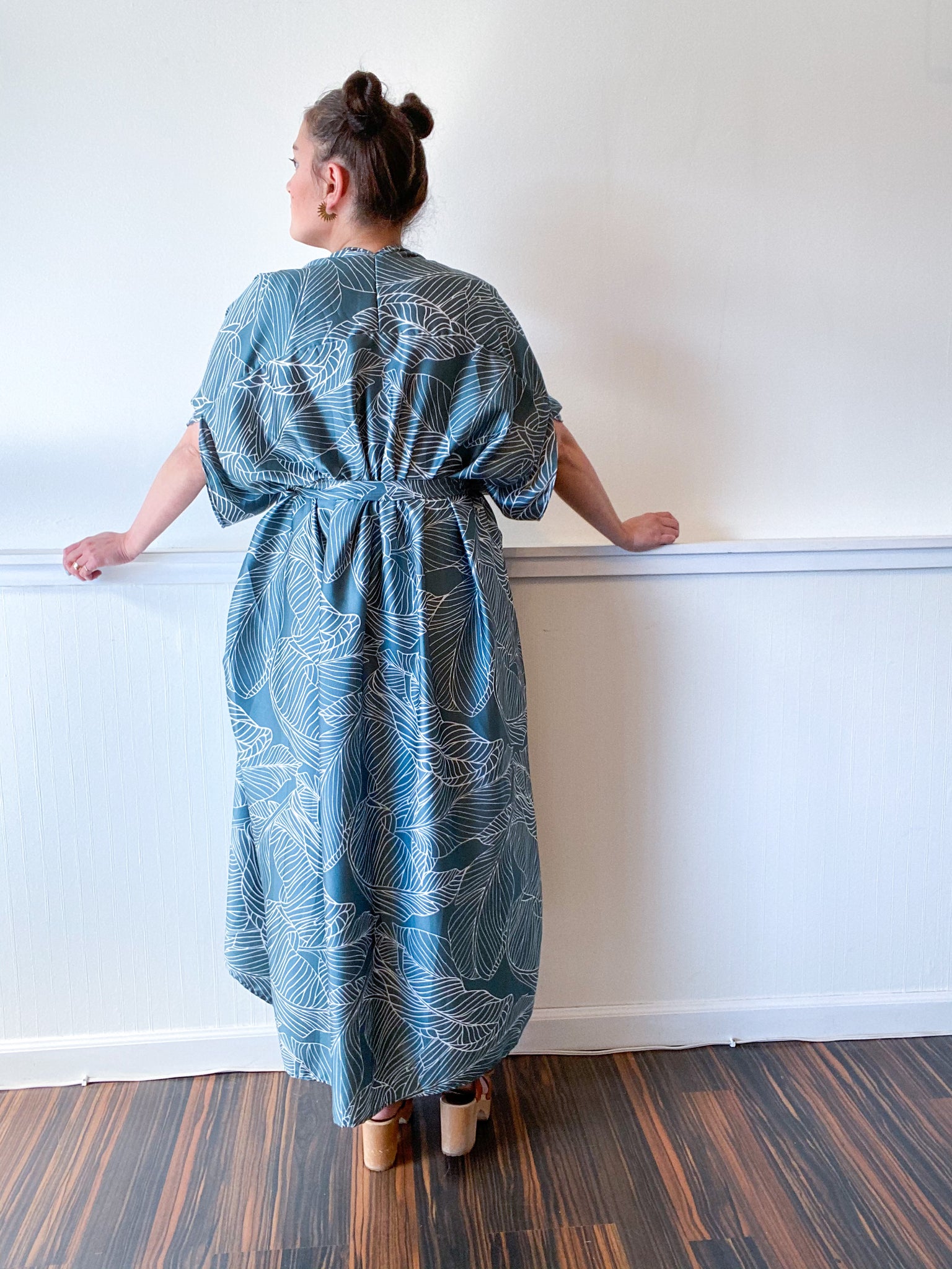 Print High Low Kimono Sage Leaf Charmeuse