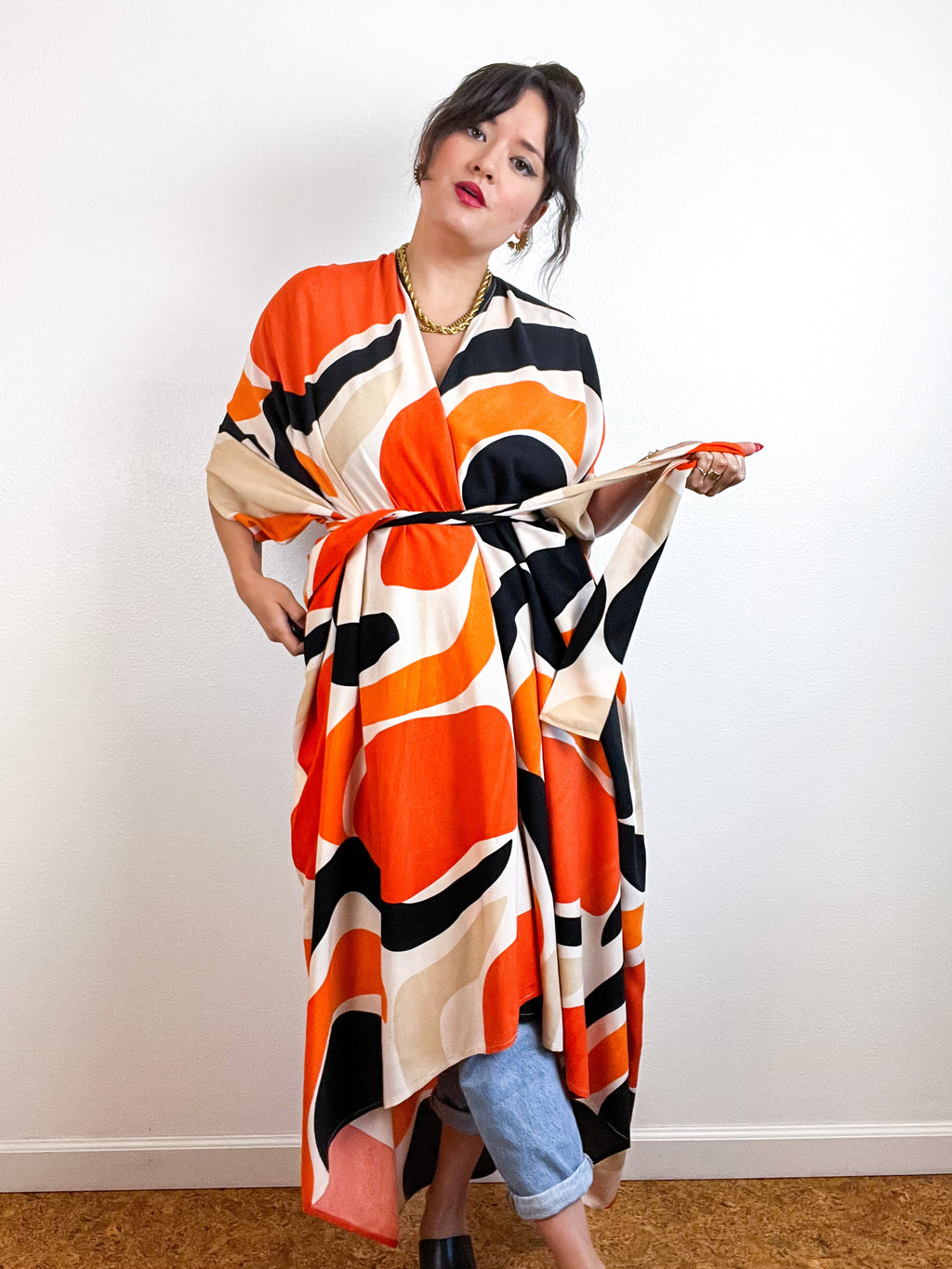 Print High Low Kimono Orange Mod Challis