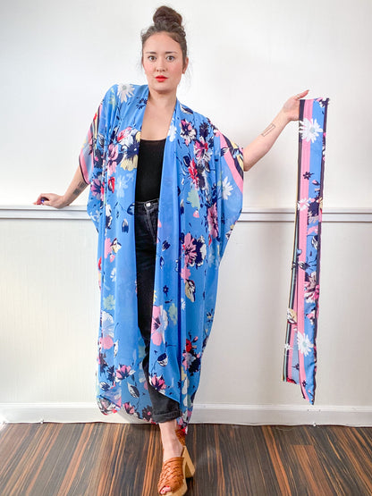 Print High Low Kimono Turquoise Floral Stripe Chiffon