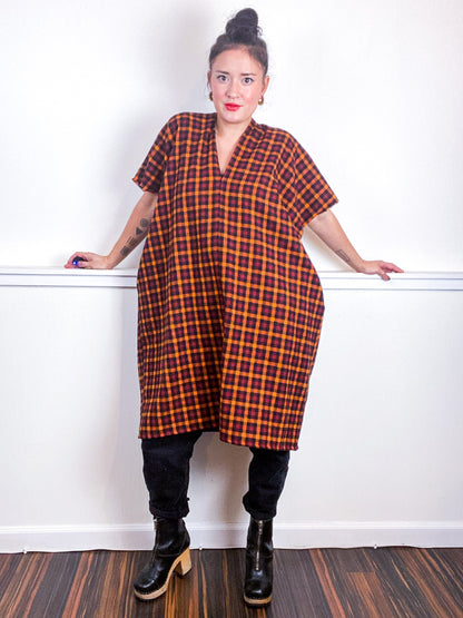 Plaid Smock Dress Orange Maroon Check
