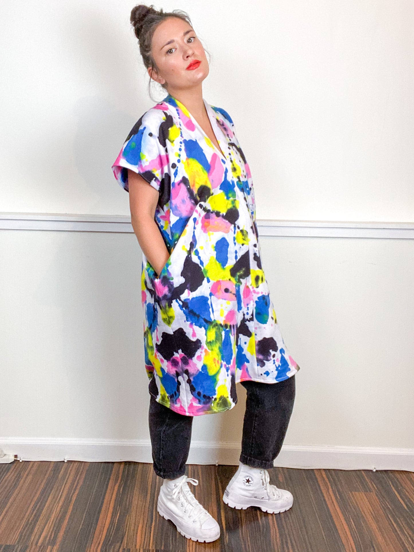 Hand-Dyed Sweatshirt Smock Dress Pink Raven Royal Lemon