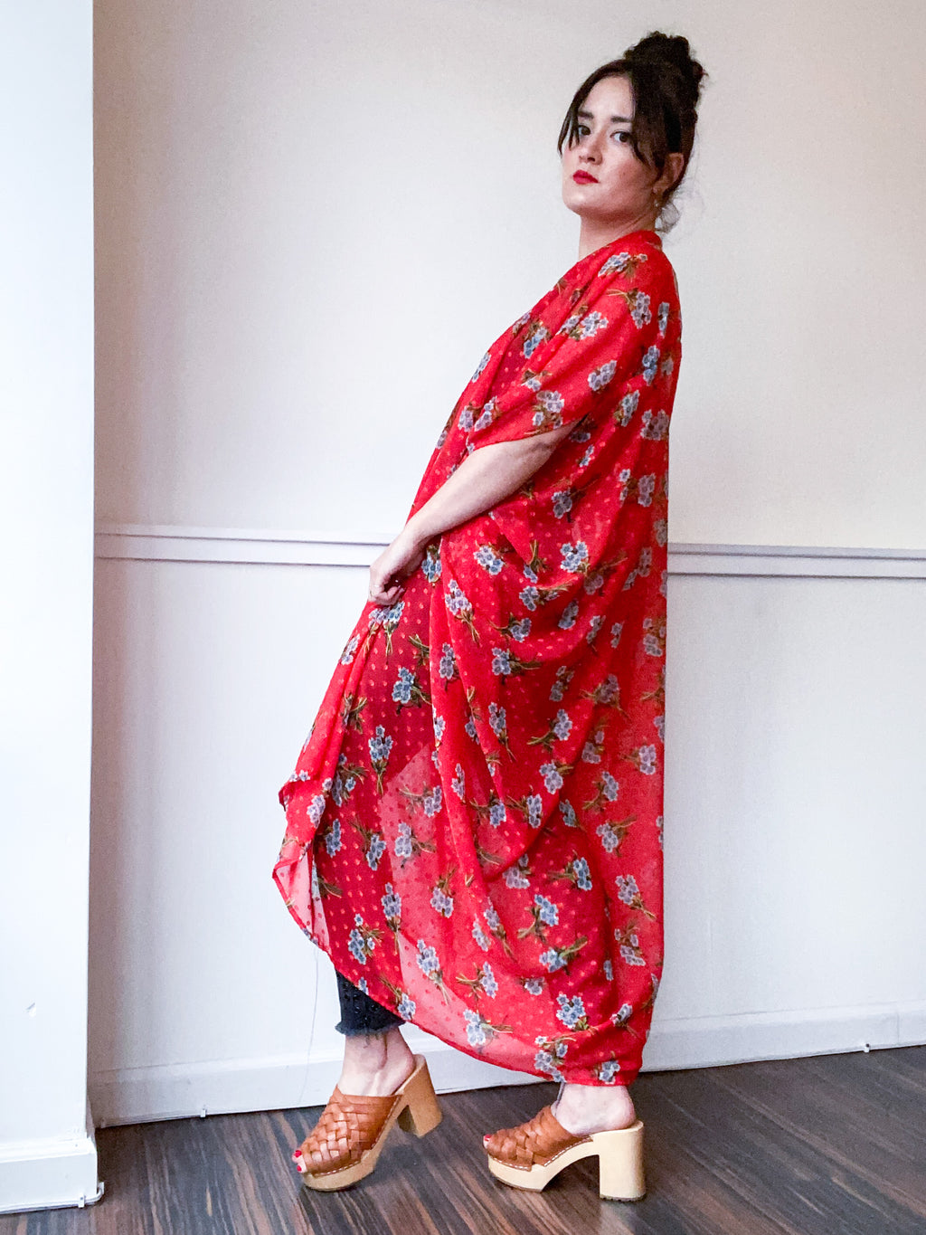 Print High Low Kimono Red Floral Chiffon