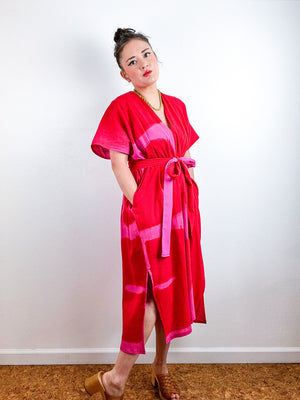 Single Gauze Midi Caftan Dress Fuchsia Scarlet Brushstrokes