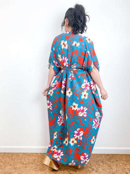 Print High Low Kimono Turquoise Orange Floral Bubble Crepe