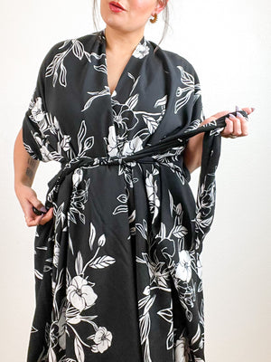 High Low Kimono Black White Floral Rayon Challis