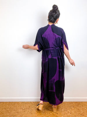 Hand-Dyed High Low Kimono Plum Black Brushstroke