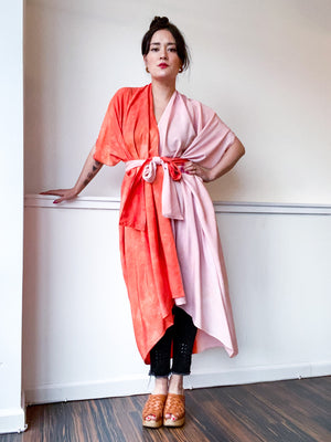Limited Edition Hand-Dyed High Low Kimono Two Tone Powder Pink Tangerine