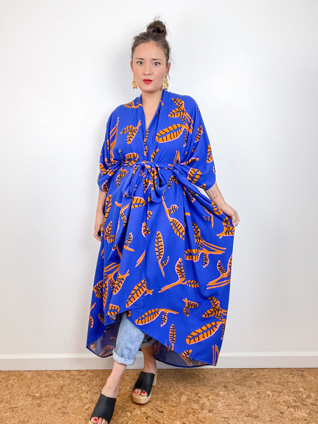 Print High Low Kimono Cobalt Amber Leaves Challis