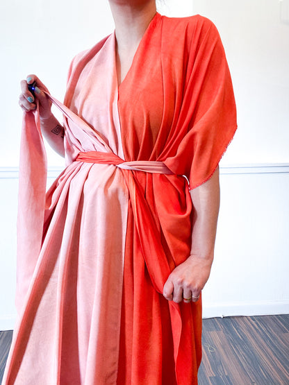 Hand-Dyed High Low Kimono Two Tone Powder Pink Tangerine