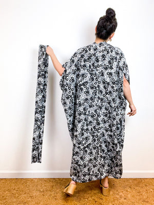 High Low Kimono Black White Mini Floral Rayon Crepe