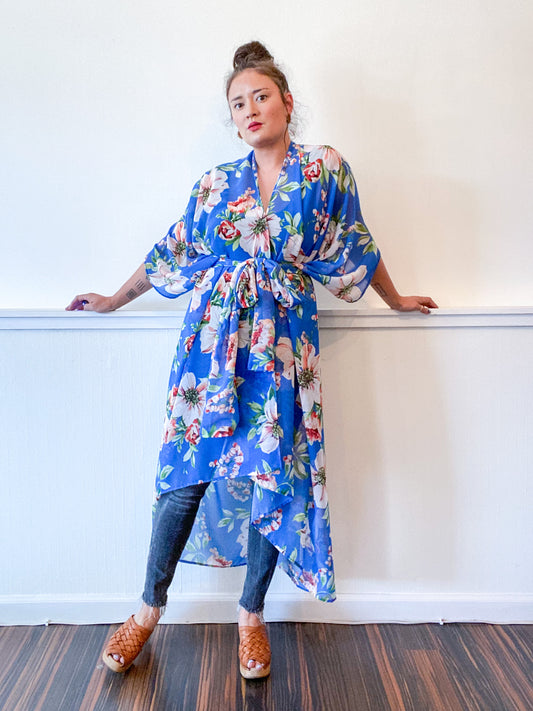 Print High Low Kimono Turquoise Tropical Floral Chiffon
