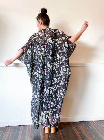 Print High Low Kimono Black Wildflower Chiffon