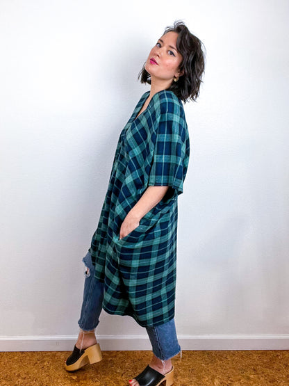 Plaid Oversized Smock Dress Sage Navy