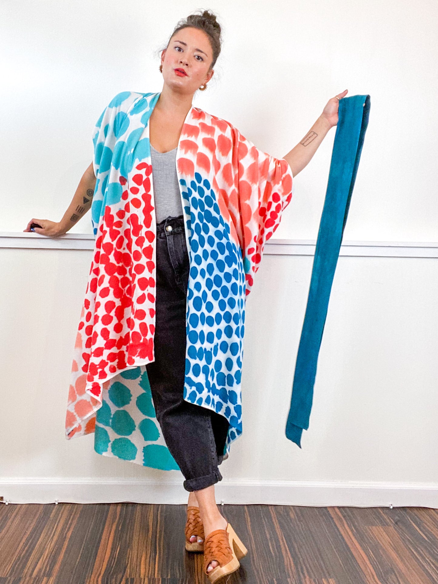 OOAK Hand-Dyed High Low Kimono Coral Parakeet Scarlet Kingfisher Dots