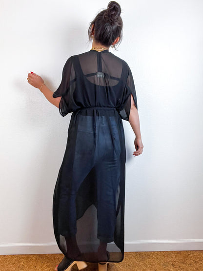 Solid High Low Kimono Black Chiffon