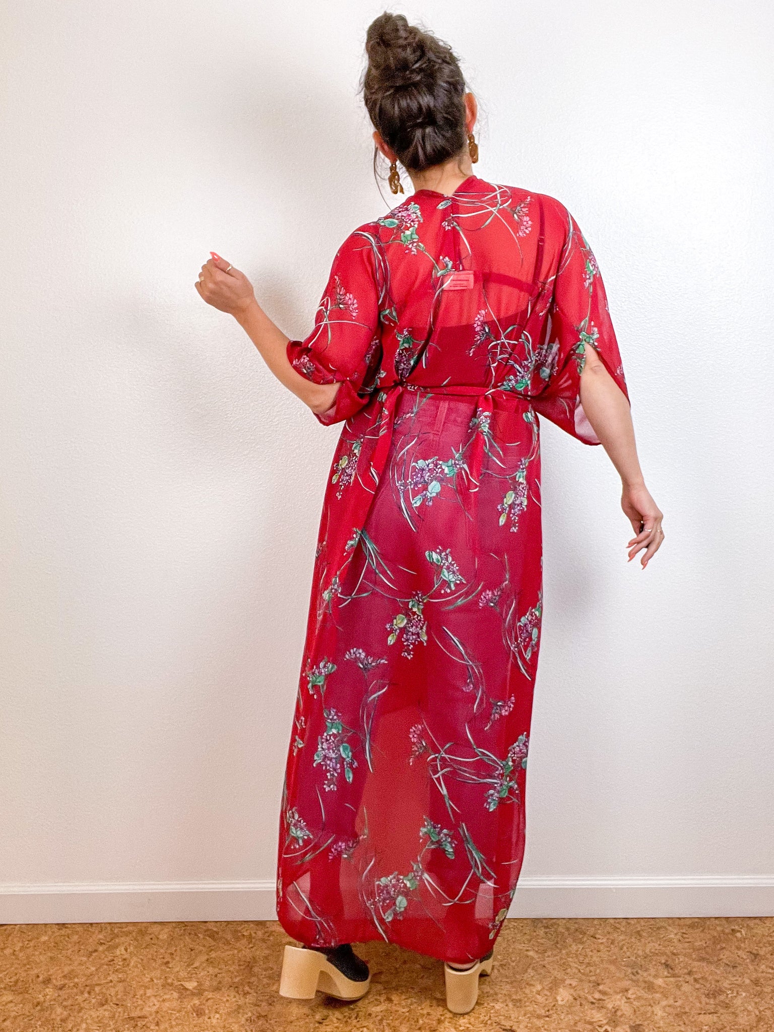 Print High Low Kimono Red Floral Chiffon