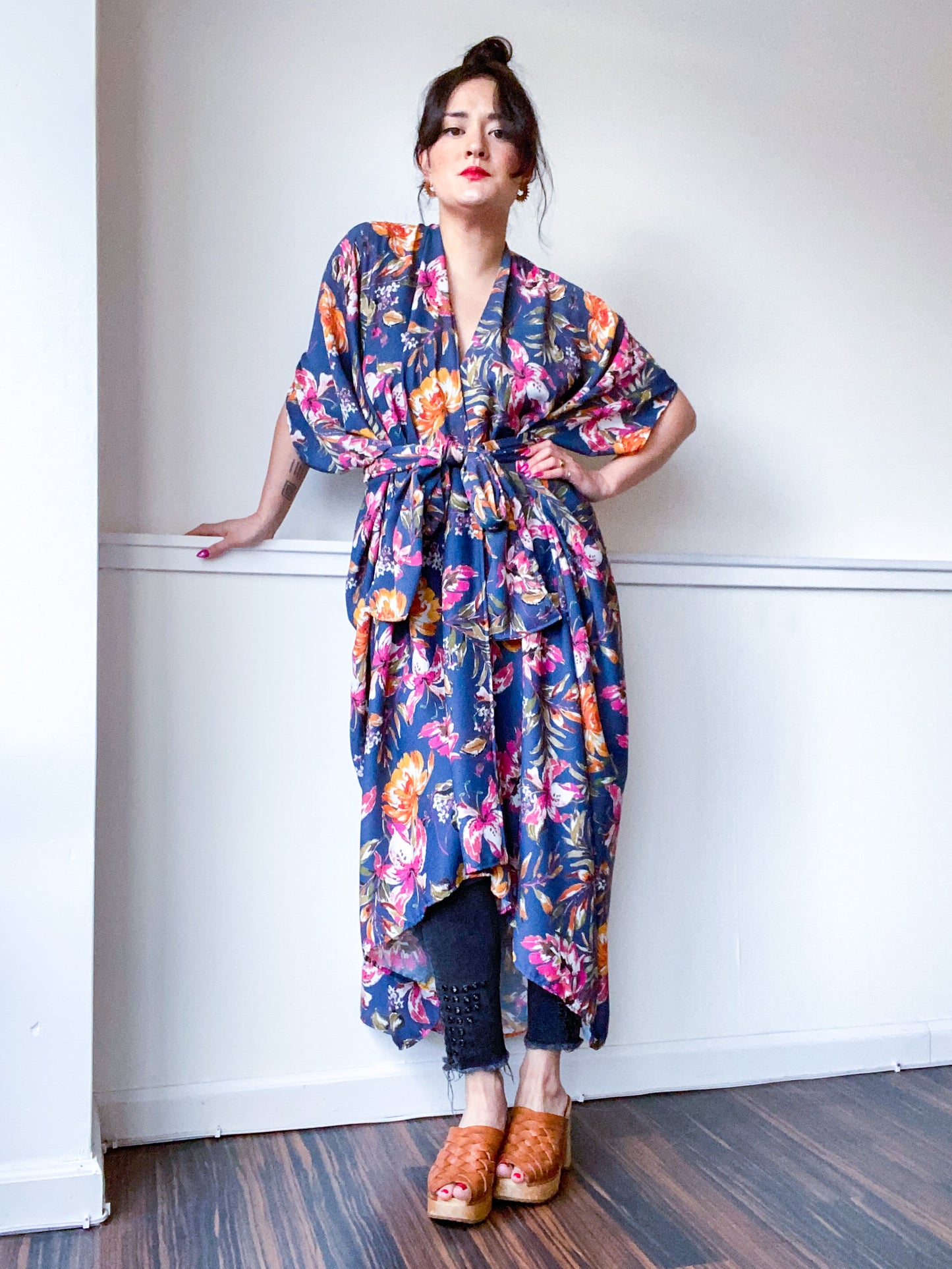 Print High Low Kimono Painterly Floral