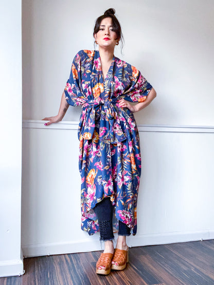 Print High Low Kimono Painterly Floral