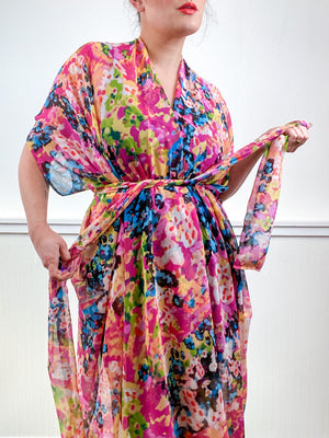 Print High Low Kimono Multi Watercolor Chiffon
