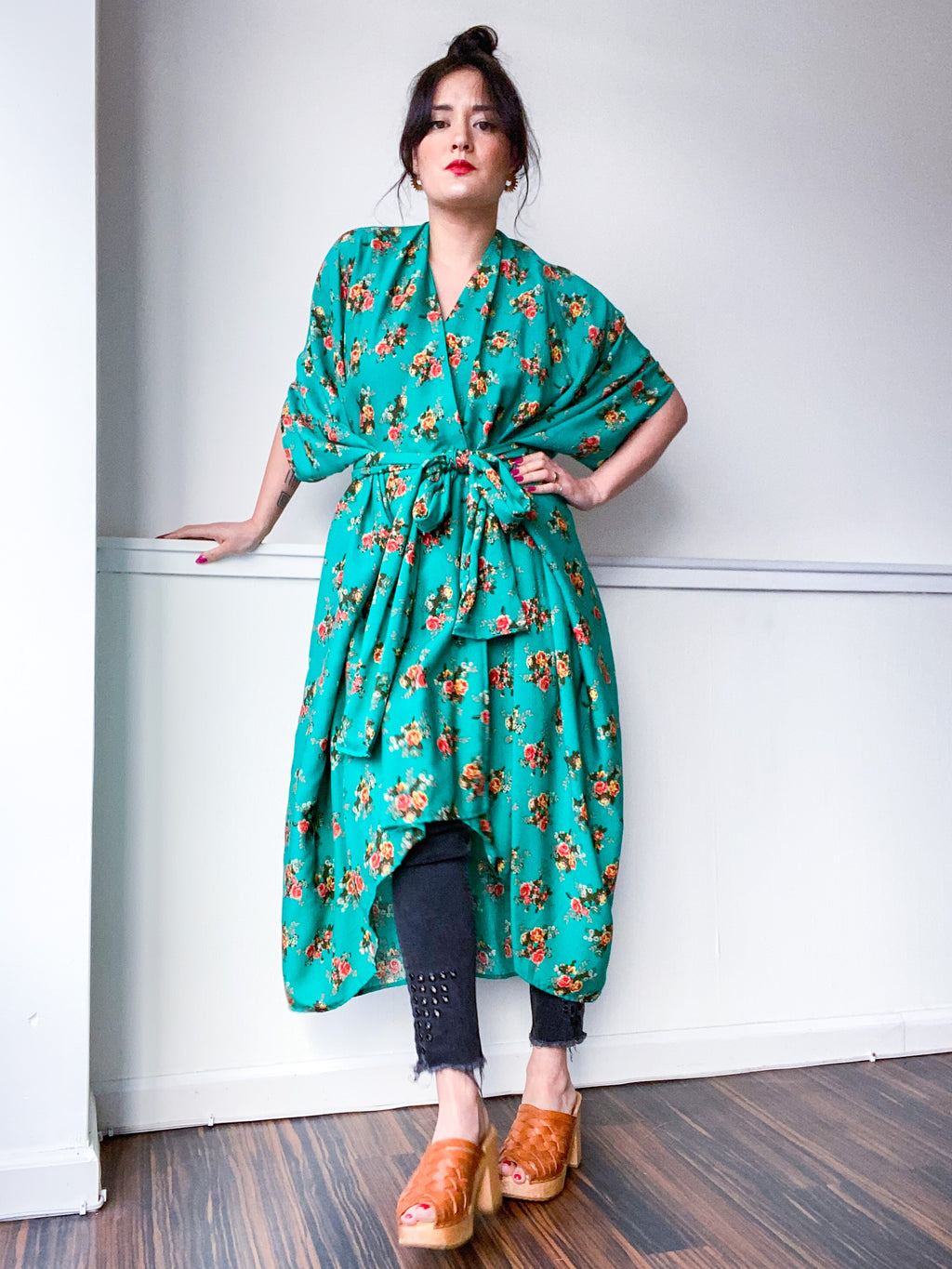 Print High Low Kimono Emerald Floral