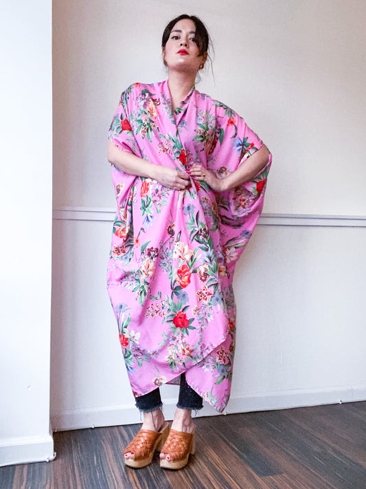 Print High Low Kimono Pink Tropical