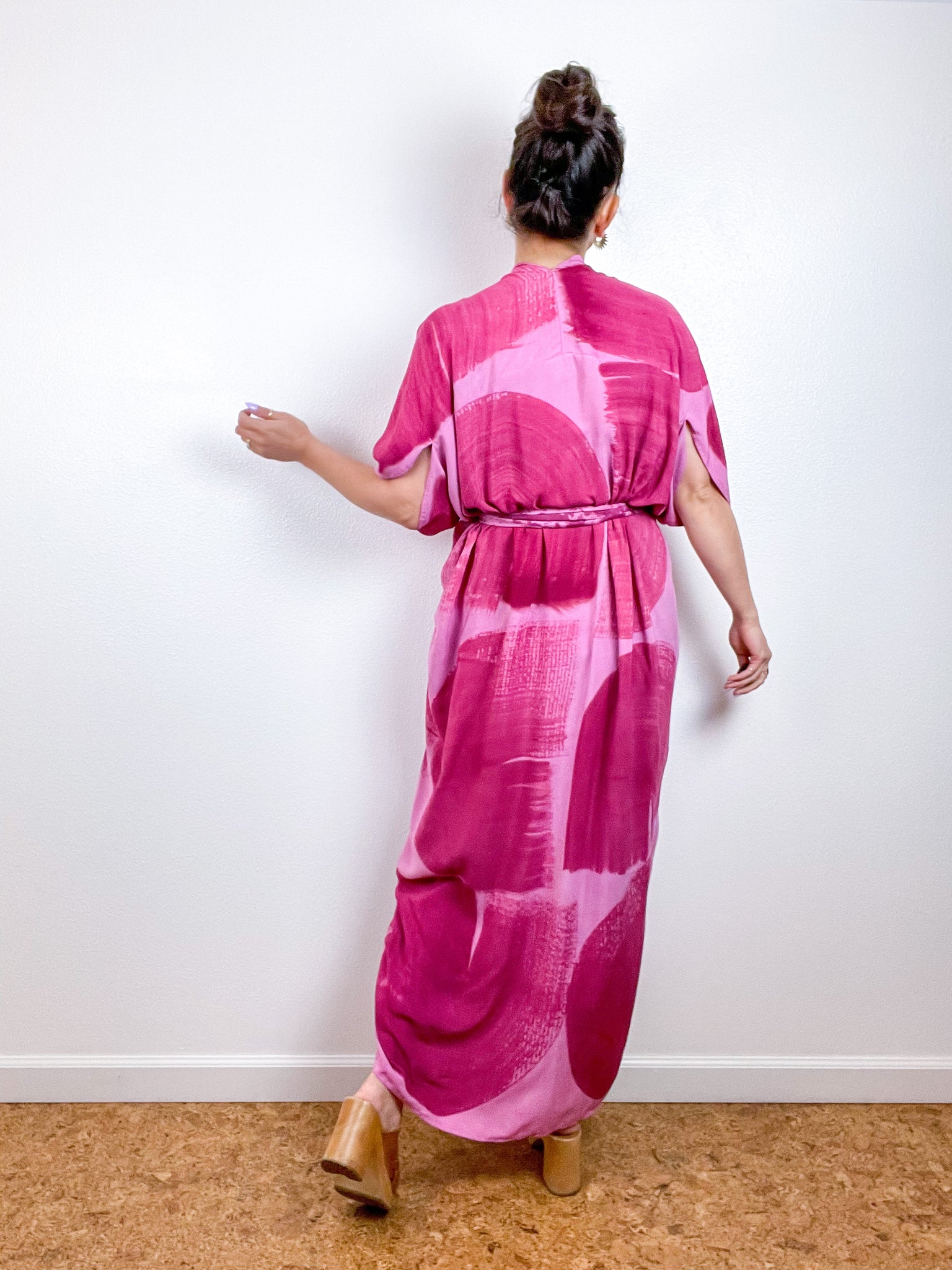 Hand-Dyed High Low Kimono Pink Magenta Brushstroke