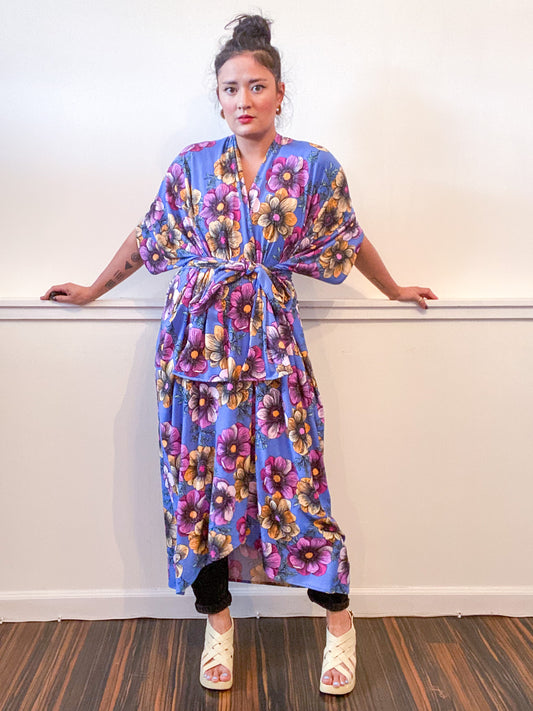 Print High Low Kimono Periwinkle Floral Knit