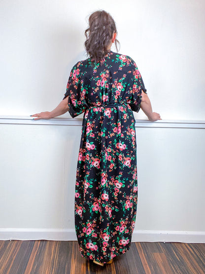 Print High Low Kimono Black Orange Pink Rose Bubble Crepe