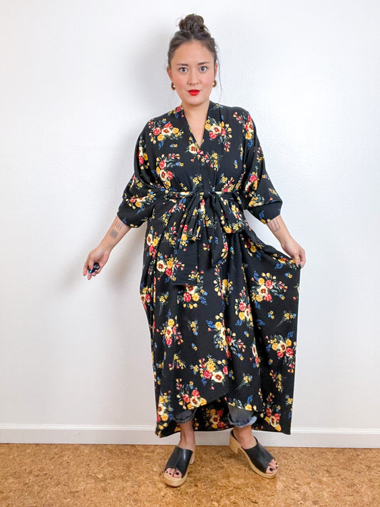 Print High Low Kimono Black Bouquet Bubble Crepe