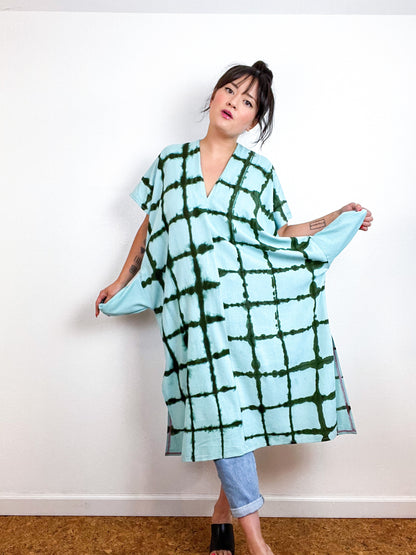 Hand-Dyed Midi Smock Dress Aqua Forest Windowpane