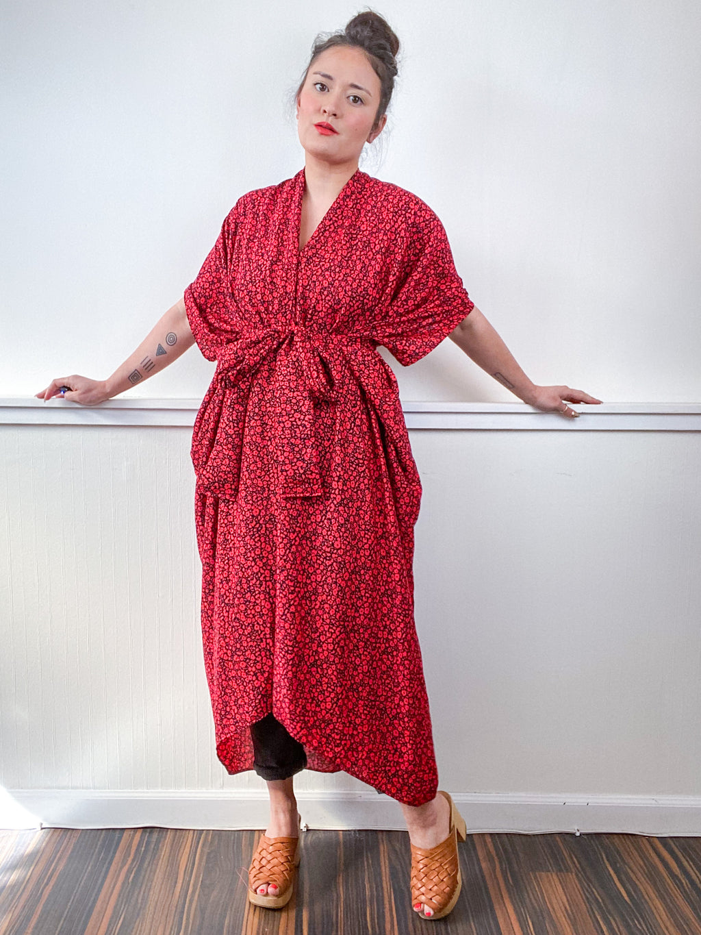 Print High Low Kimono Black Red Mini Floral Challis