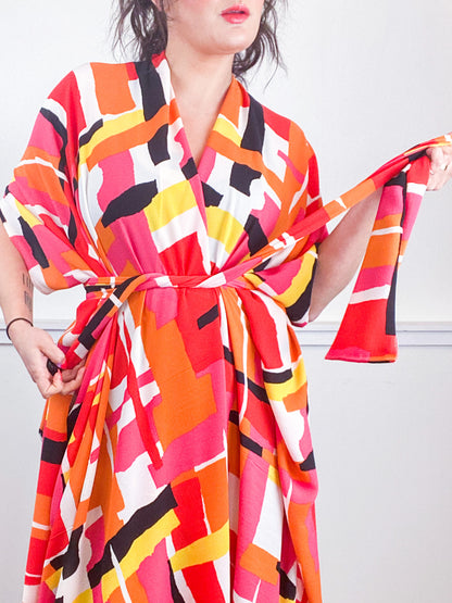 Print High Low Kimono Pink Orange Abstract Bubble Crepe