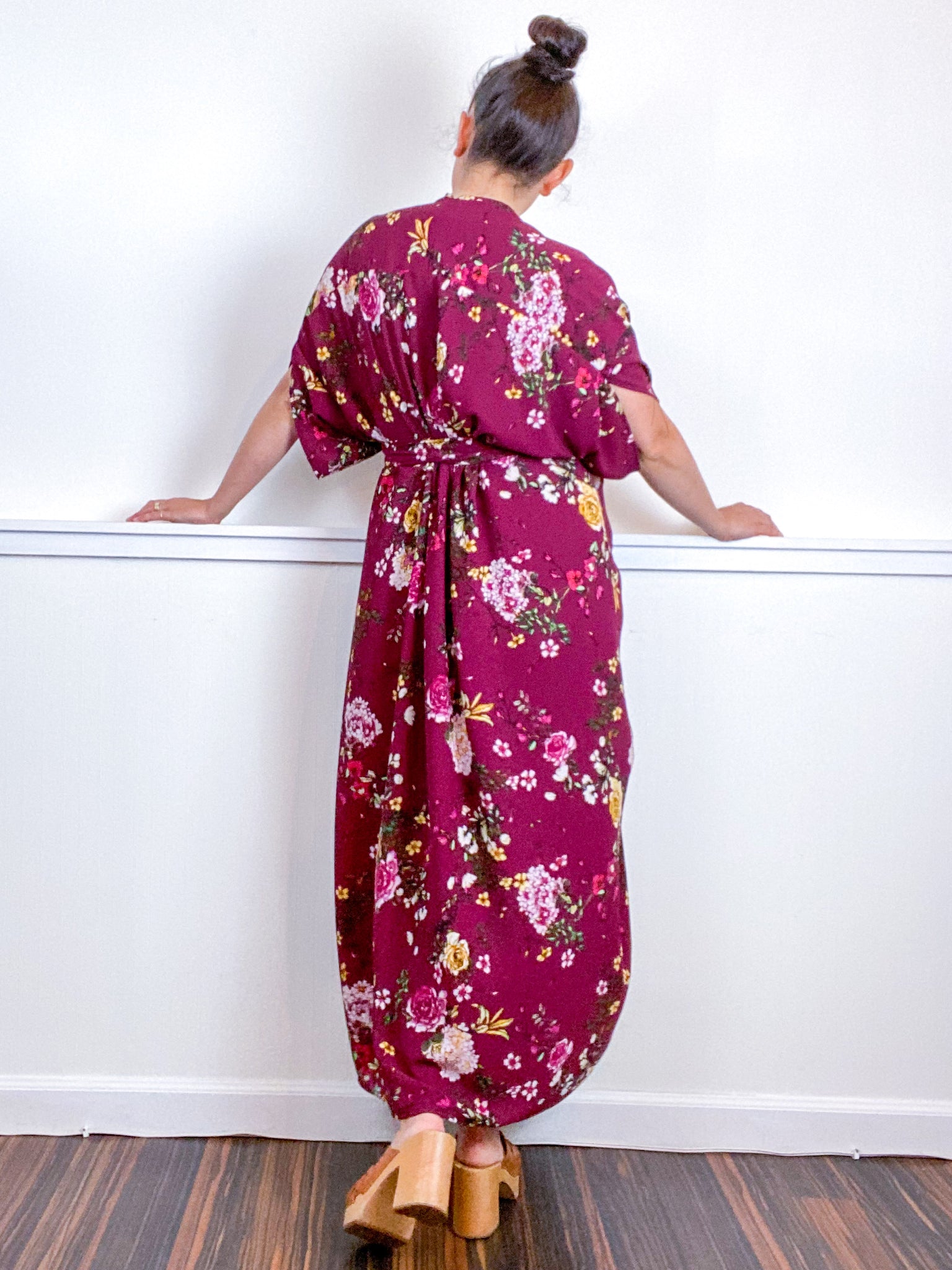 Print High Low Kimono Maroon Floral Bubble Crepe
